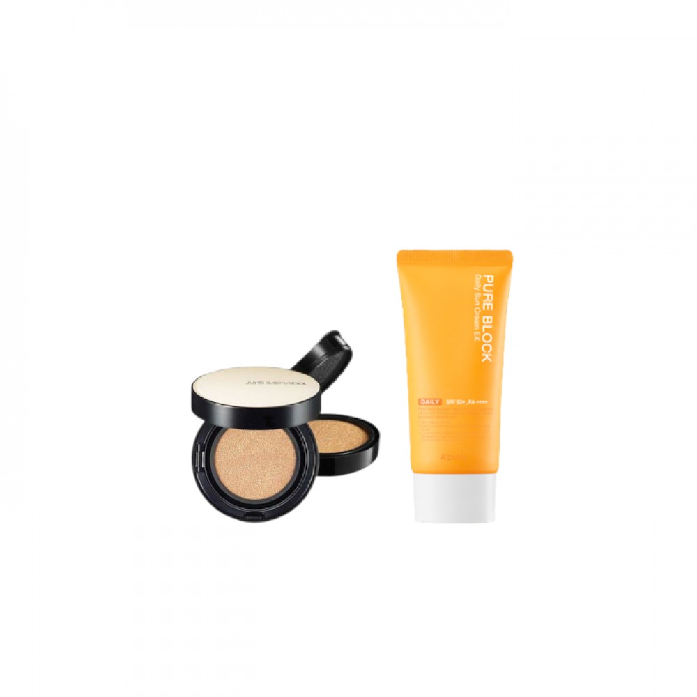 A'PIEU - Pure Block Natural Daily Sun Cream SPF45 PA+++ - 100ml X Jung Saem Mool - Essential Skin Nuder Long Wear Cushion - 14g +14g - Light