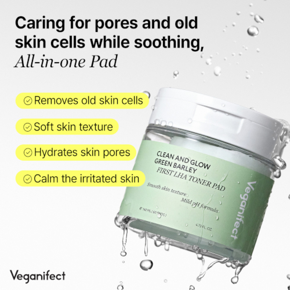Veganifect - Clean and Glow Green Barley First LHA Toner Pad - 60ea