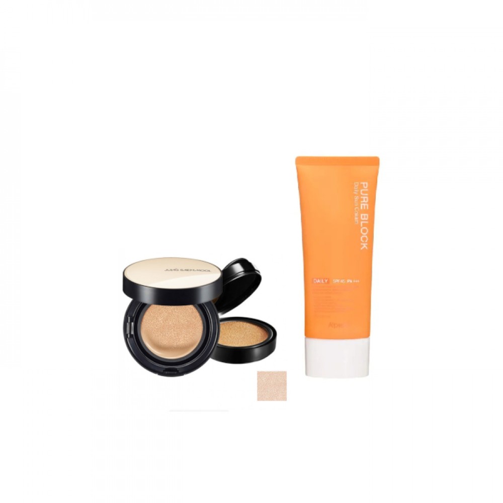 A'PIEU - Pure Block Natural Daily Sun Cream SPF45 PA+++ - 100ml X Jung Saem Mool - Essential Skin Nuder Cushion - 14g+14g - Fair-Light