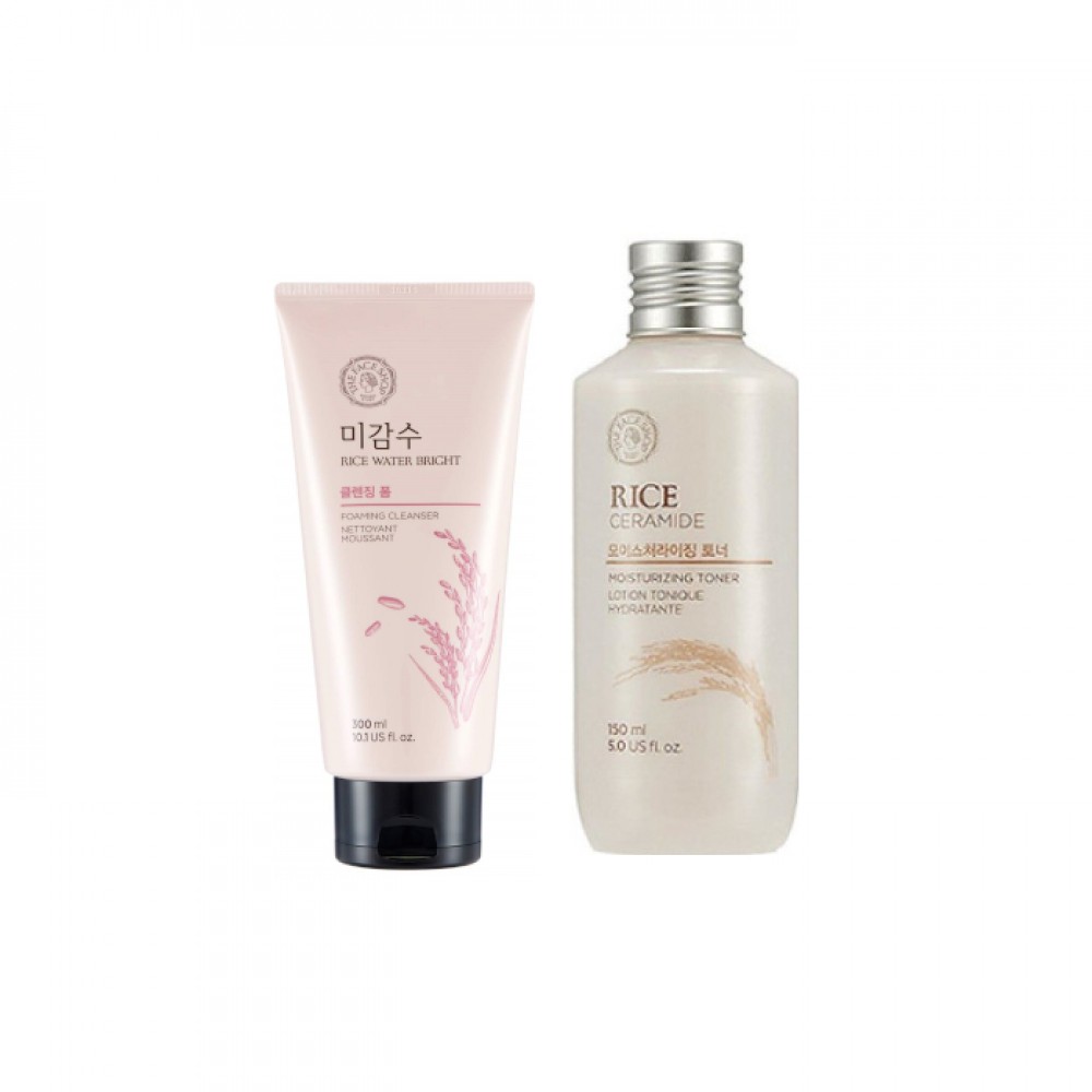 THE FACE SHOP Rice Water Bright Foaming Cleanser - 300ml (1ea) + Rice & Ceramide Moisturizing Toner - 150ml (1ea) Set