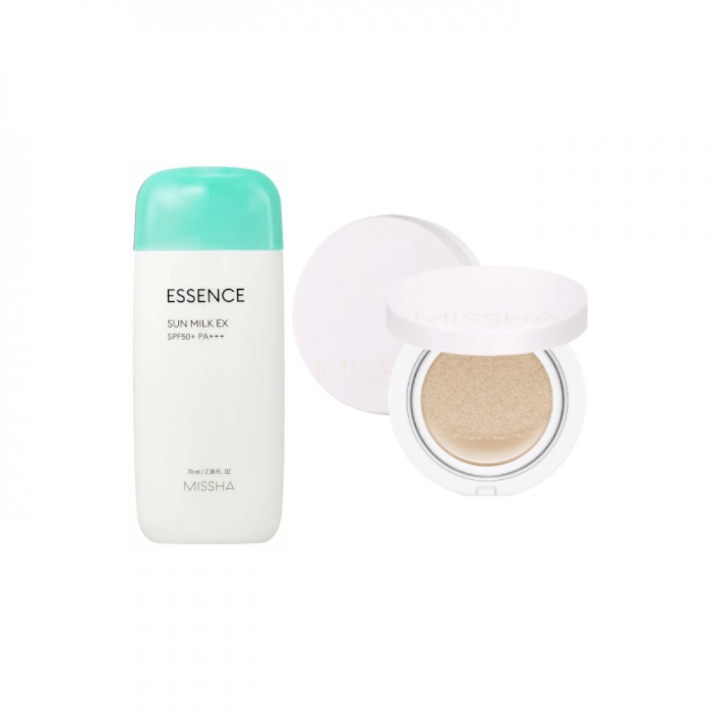 MISSHA - All Around Safe Block Essence Sun Milk EX - 70ml (SPF50+ PA+++) (1ea) + Magic Cushion Cover Lasting - 15g (SPF50+ PA+++) - No.21 (1ea) Set