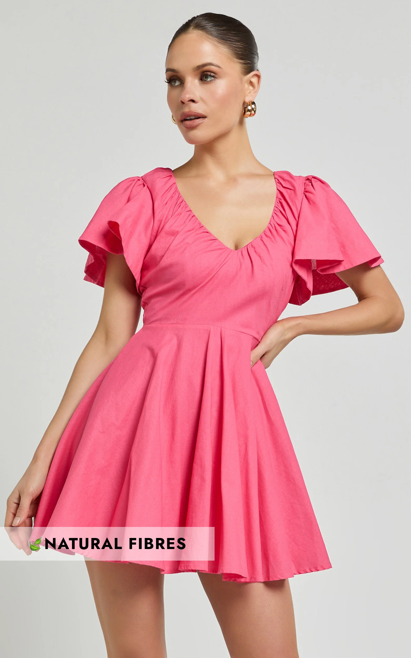 Carli Mini Dress - Linen Ruched Bodice Bell Sleeve Dress in Pink