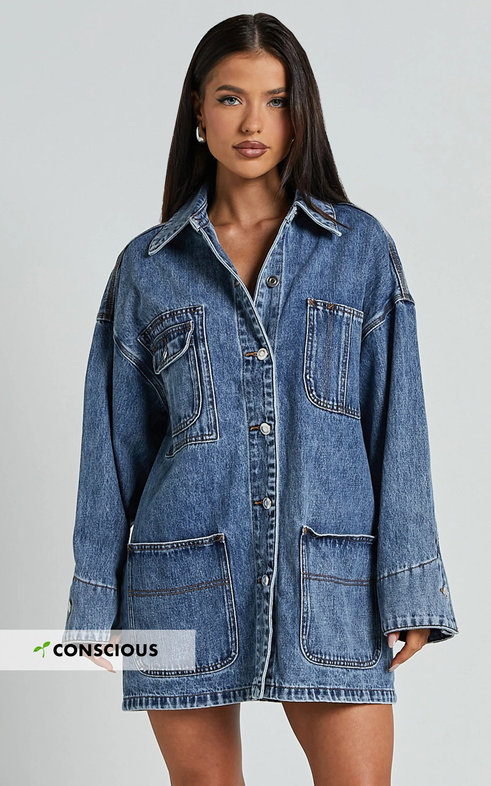 Harlow Jacket - Oversized Long Sleeve Denim Jacket in Mid Blue Wash