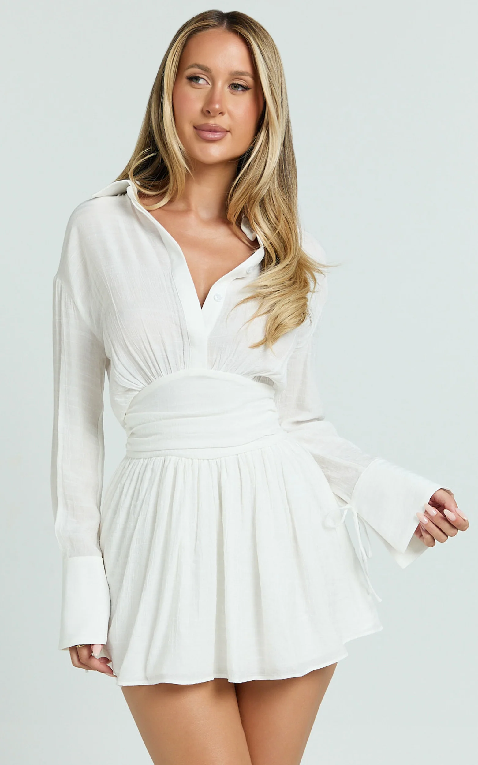 Valerie Mini Dress - Collared Long Sleeve Corset Waist Shirt Dress in White