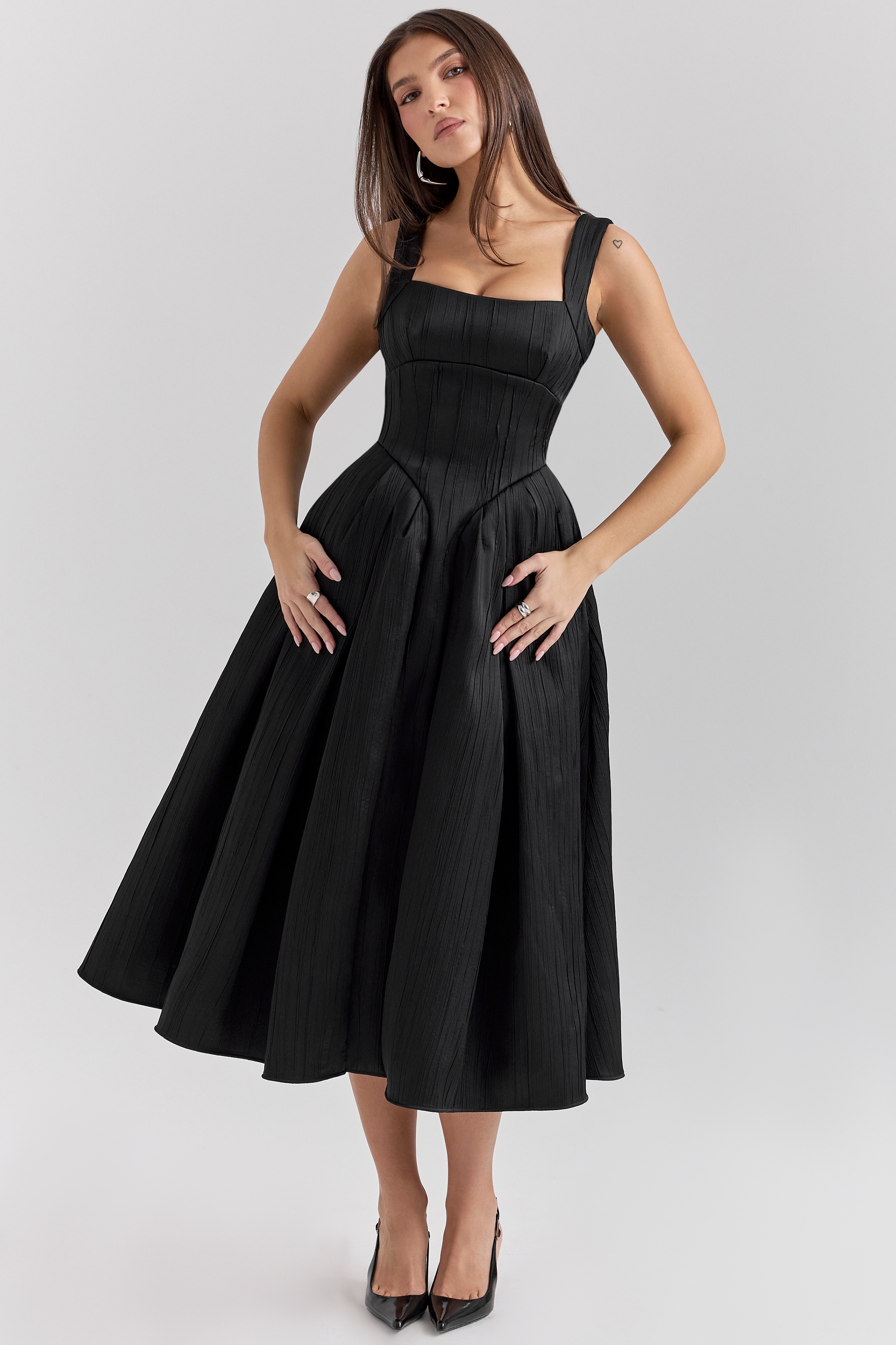 Black Textured Satin Corset Midi Dress