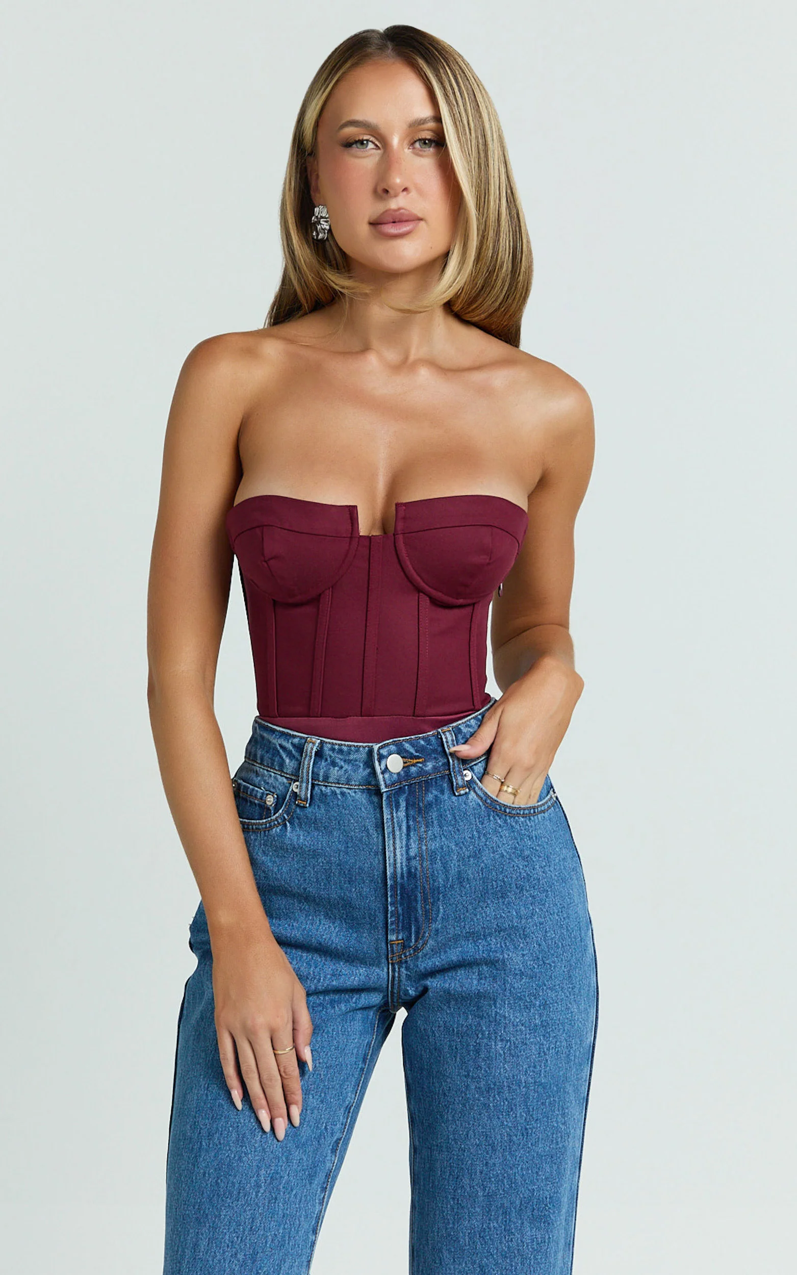 Brigitte Bodysuit - Sweetheart Paneled Bodysuit in Wine
