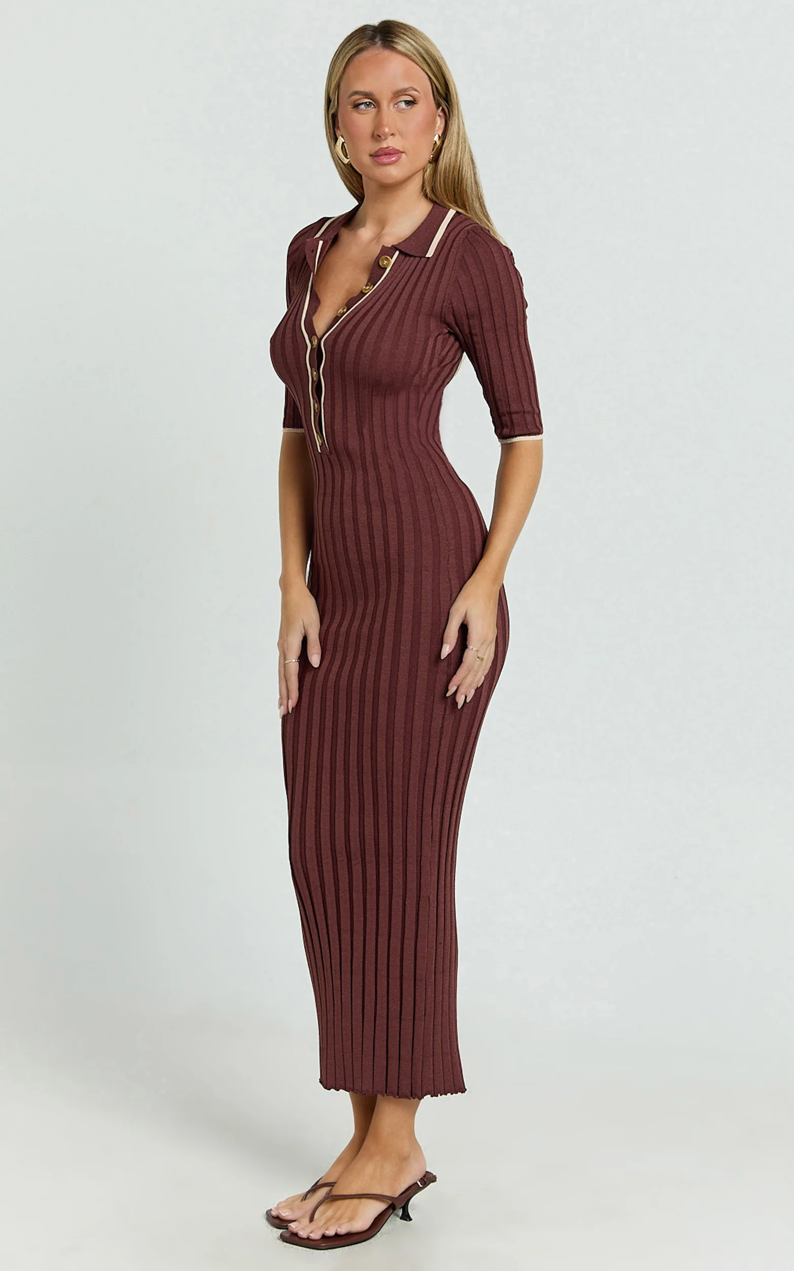 Lada Midi Dress - Short Sleeve Button Front Knit Dress in Chocolate