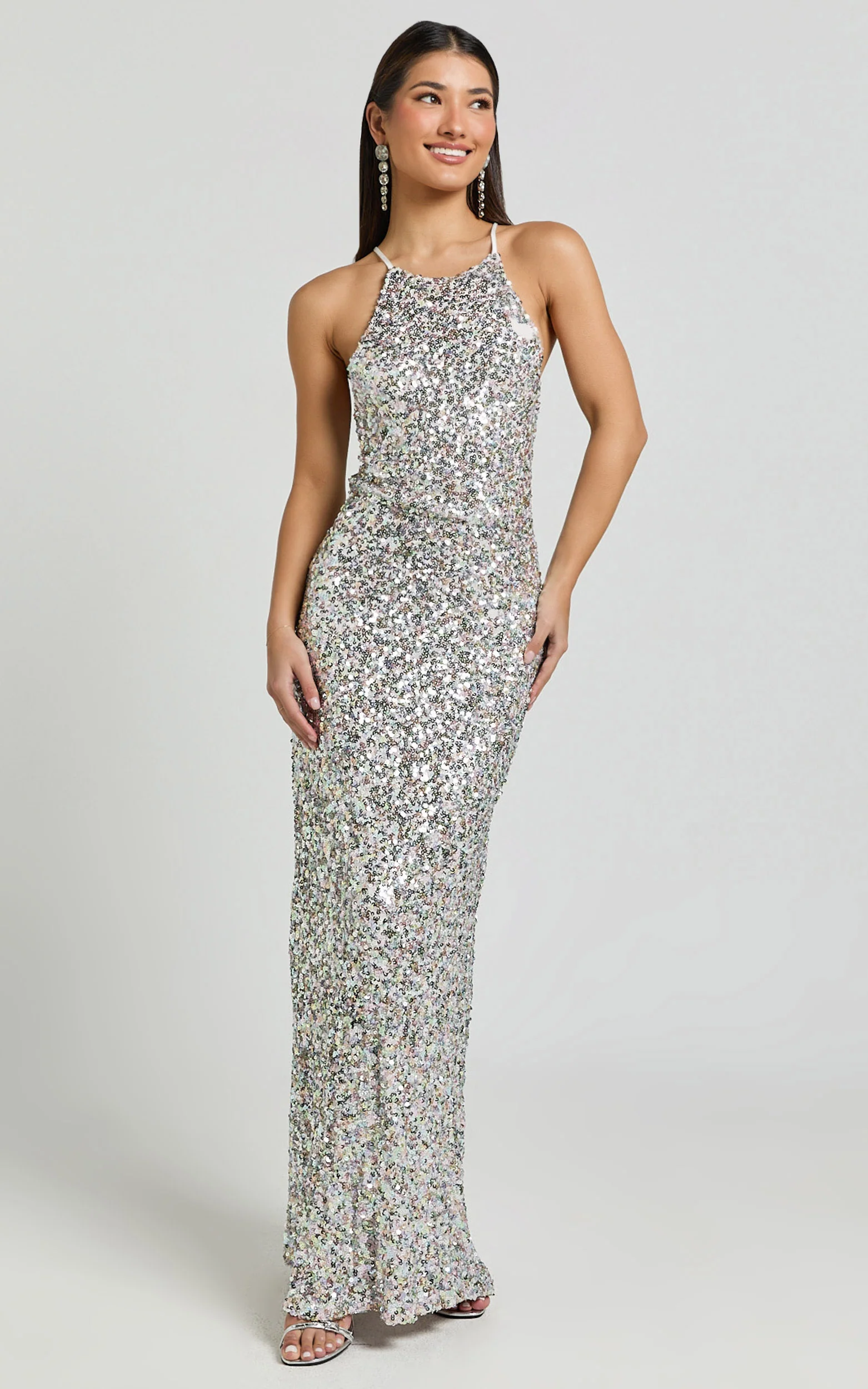 Frieda Maxi Dress - Halter Neck Cross Back Sequin Dress in Rainbow Silver