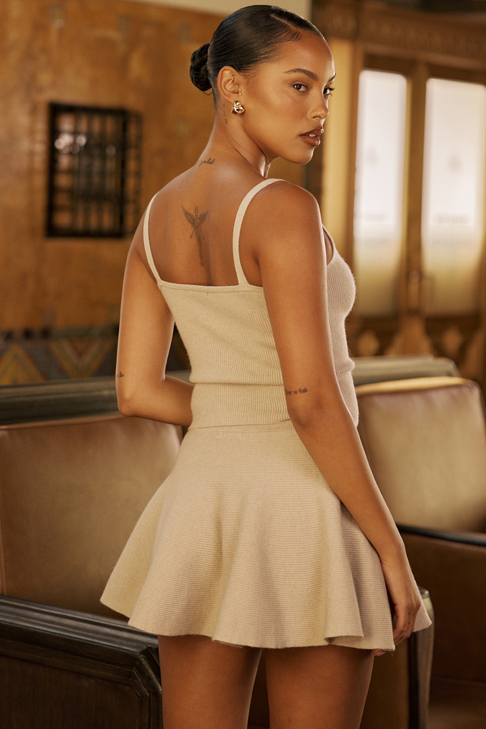 Biscuit Wool Cashmere Ribbed Flounce Mini Skirt