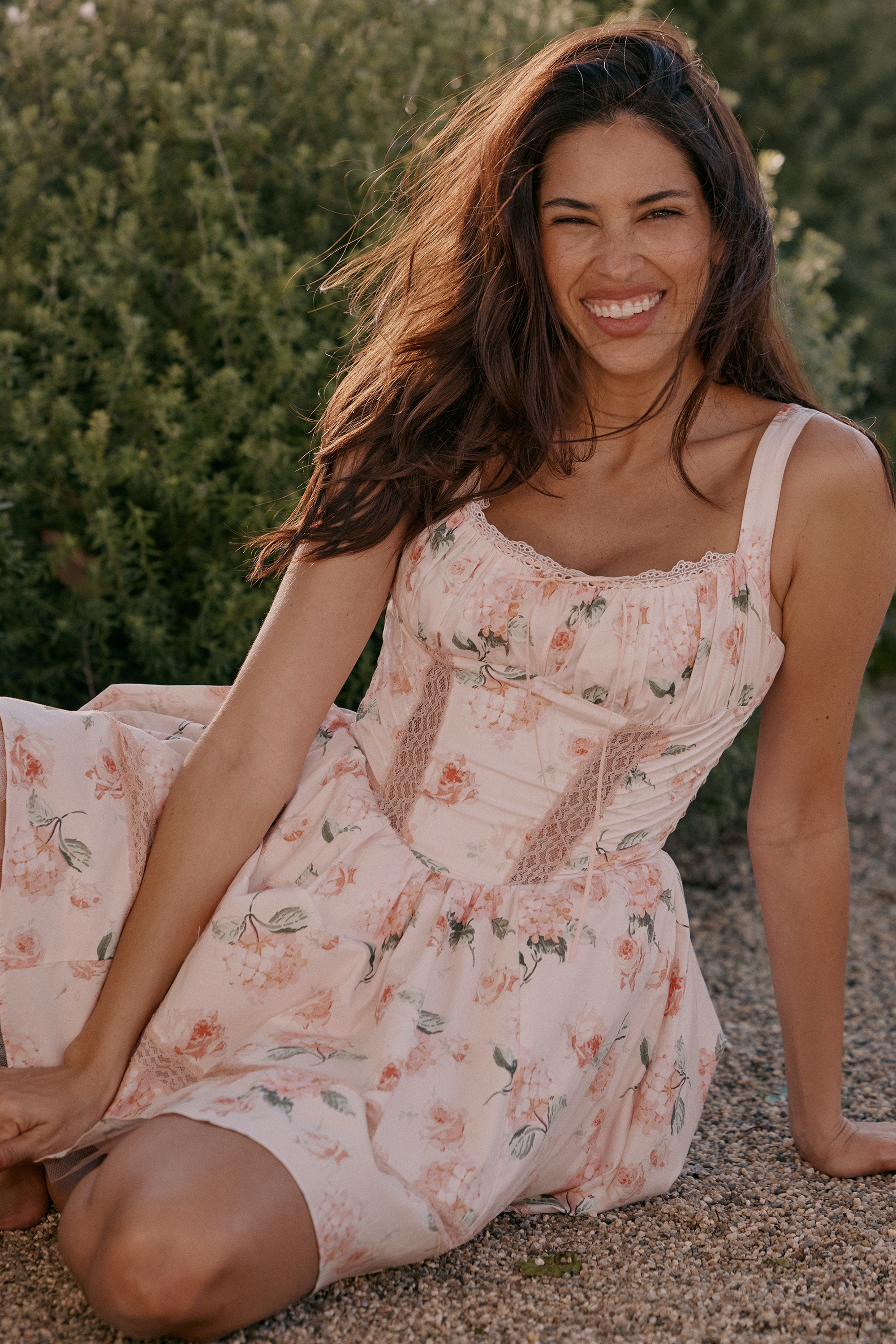 Peach Floral Rose Print Cotton Mini Dress