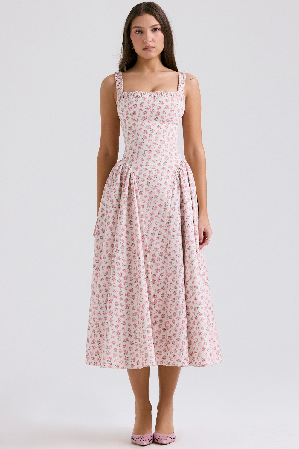 White Rosebud Print Cotton Midi Sundress