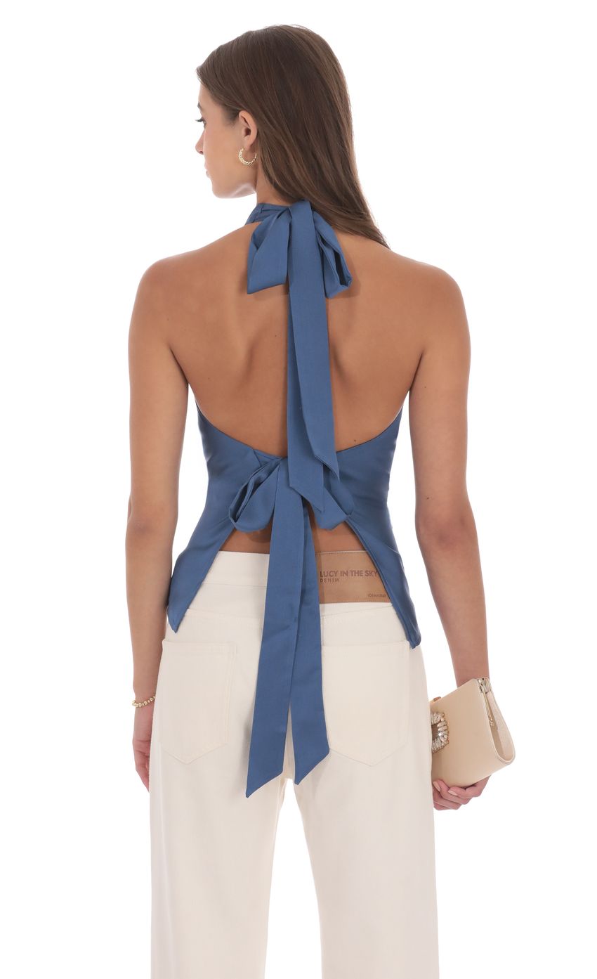 Satin Cowl Neck Top in Denim Blue