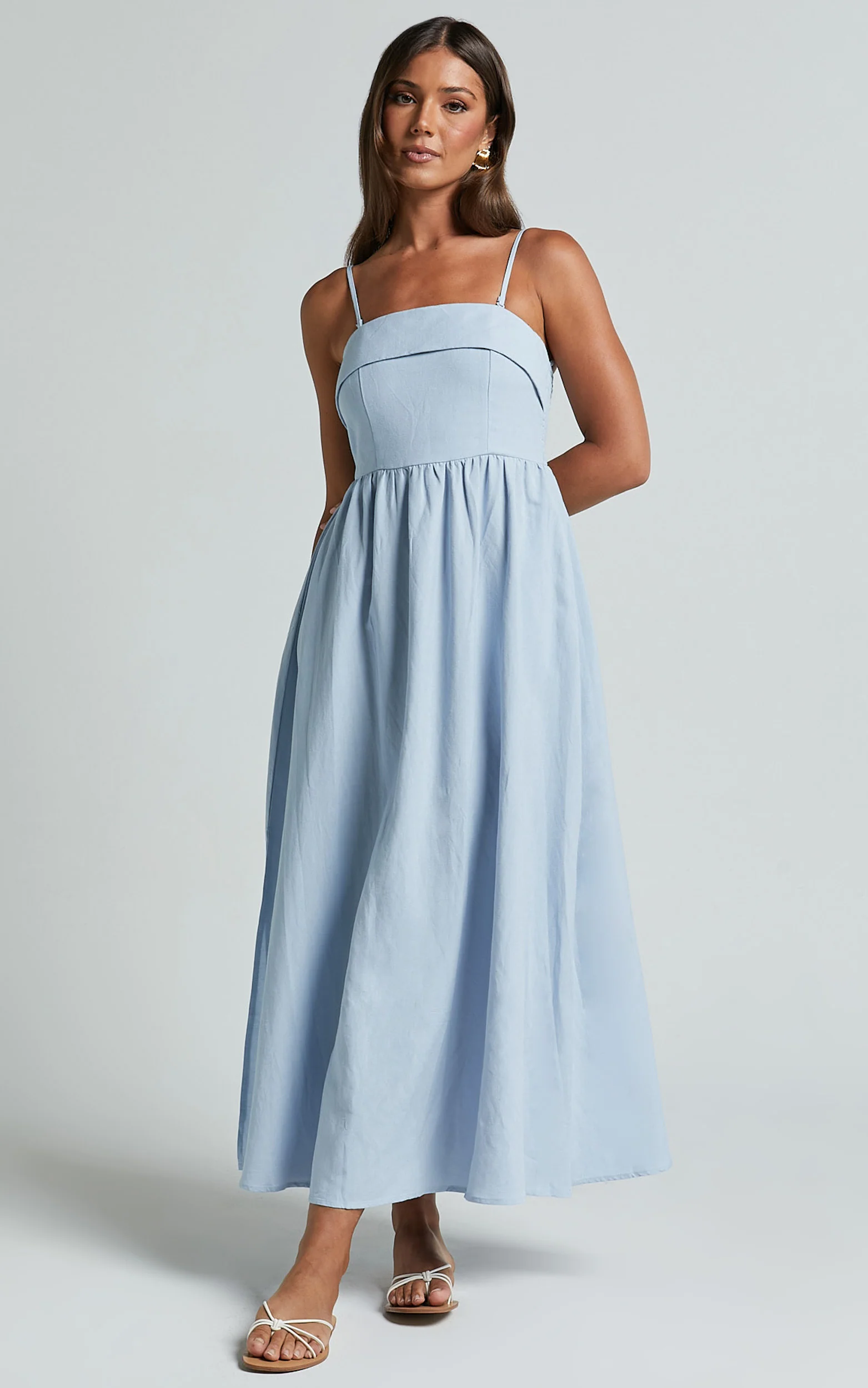 Carlyn Midi Dress - Linen Detachable Straps in Blue