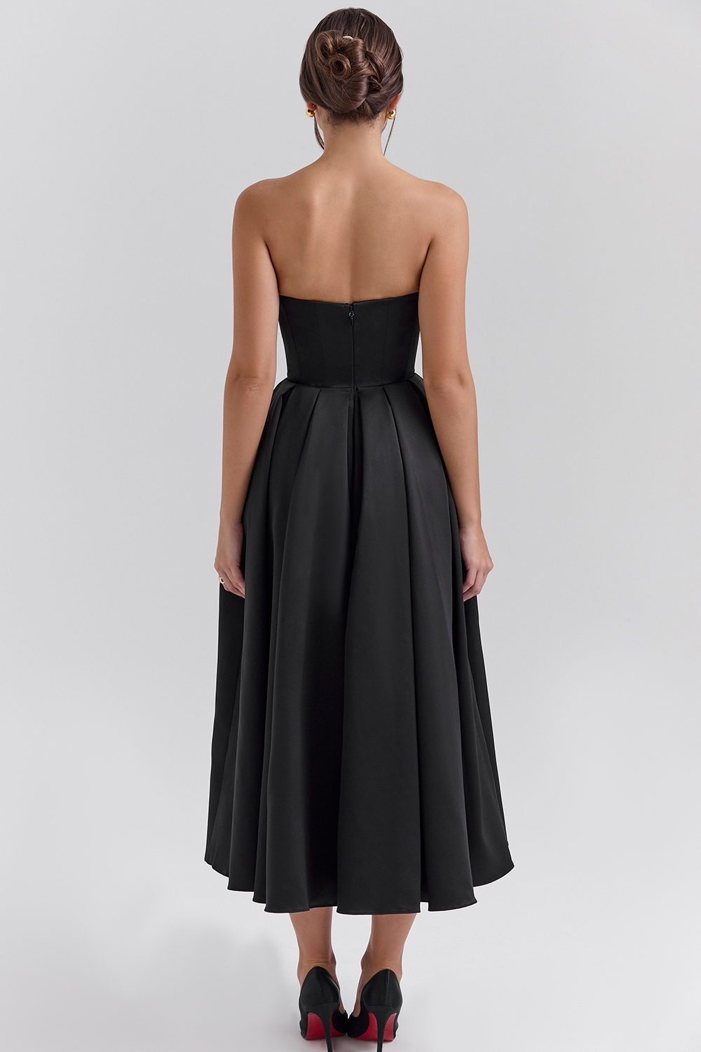 Black Strapless Satin Corset Midi Dress