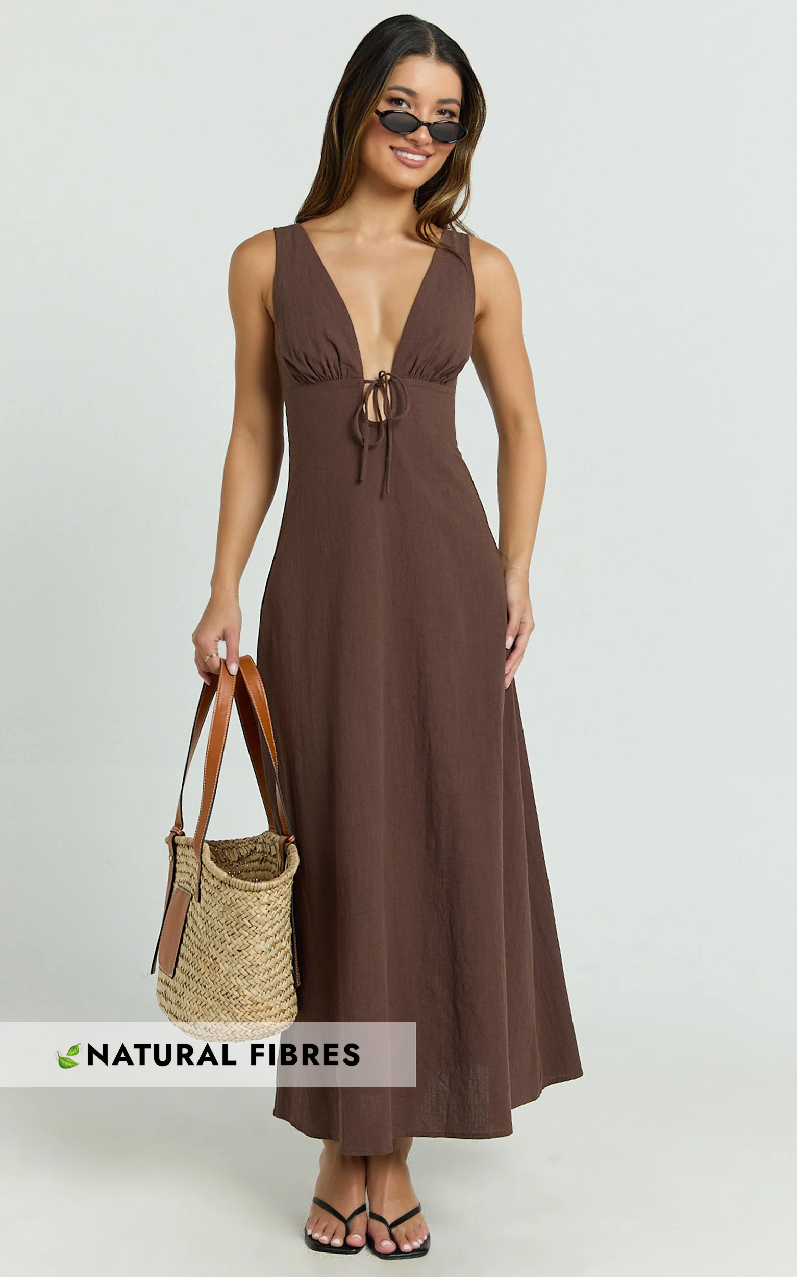 Silvena Midi Dress - Plunge Neckline Tie Front A Line Dress in Chocolate