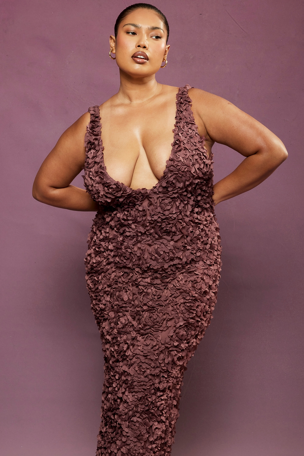 Merlot Plunge Floral Appliqué Maxi Dress