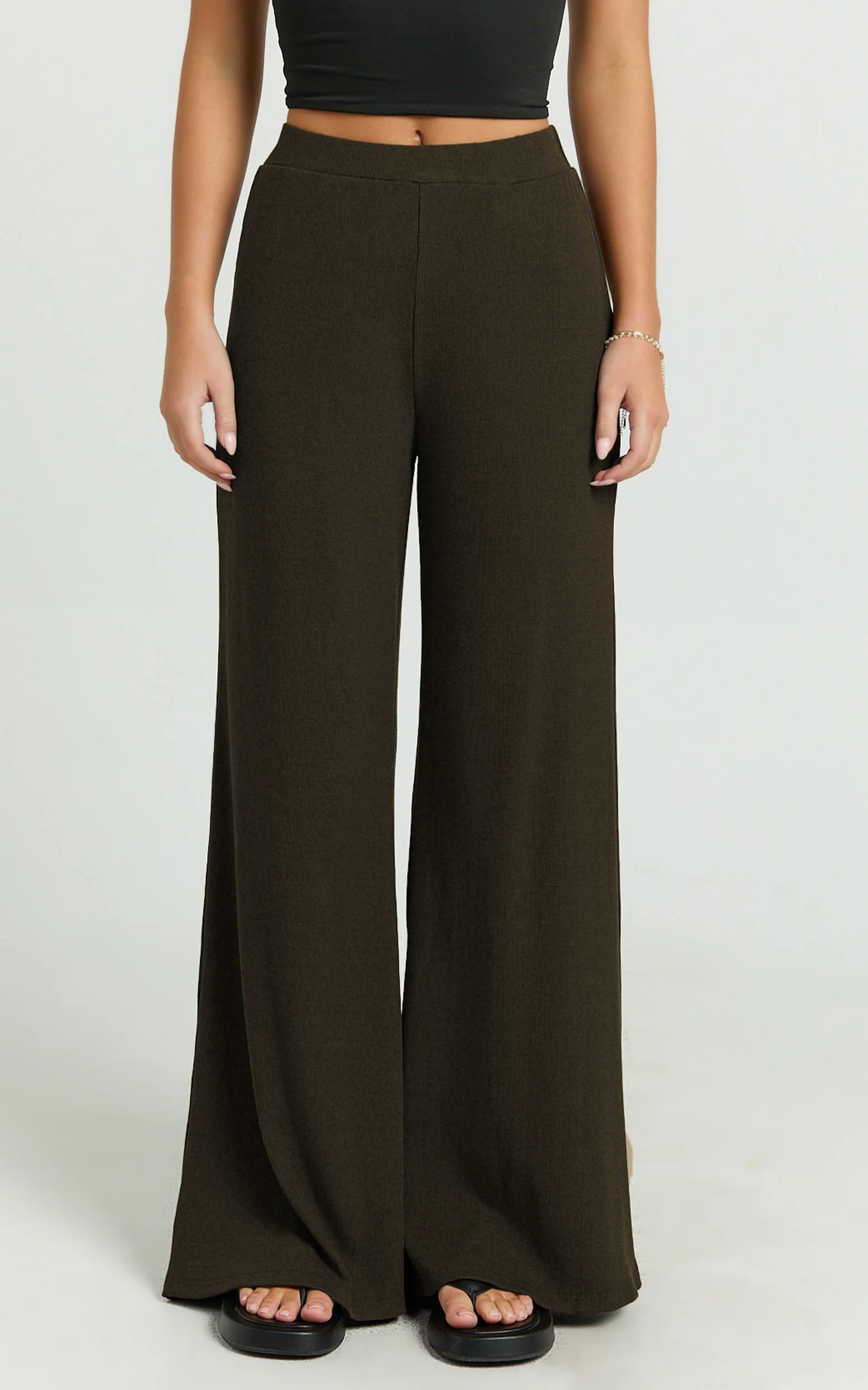 Amalthea Pants - High Waisted Jersey Rib Wide Leg Pants in Chocolate