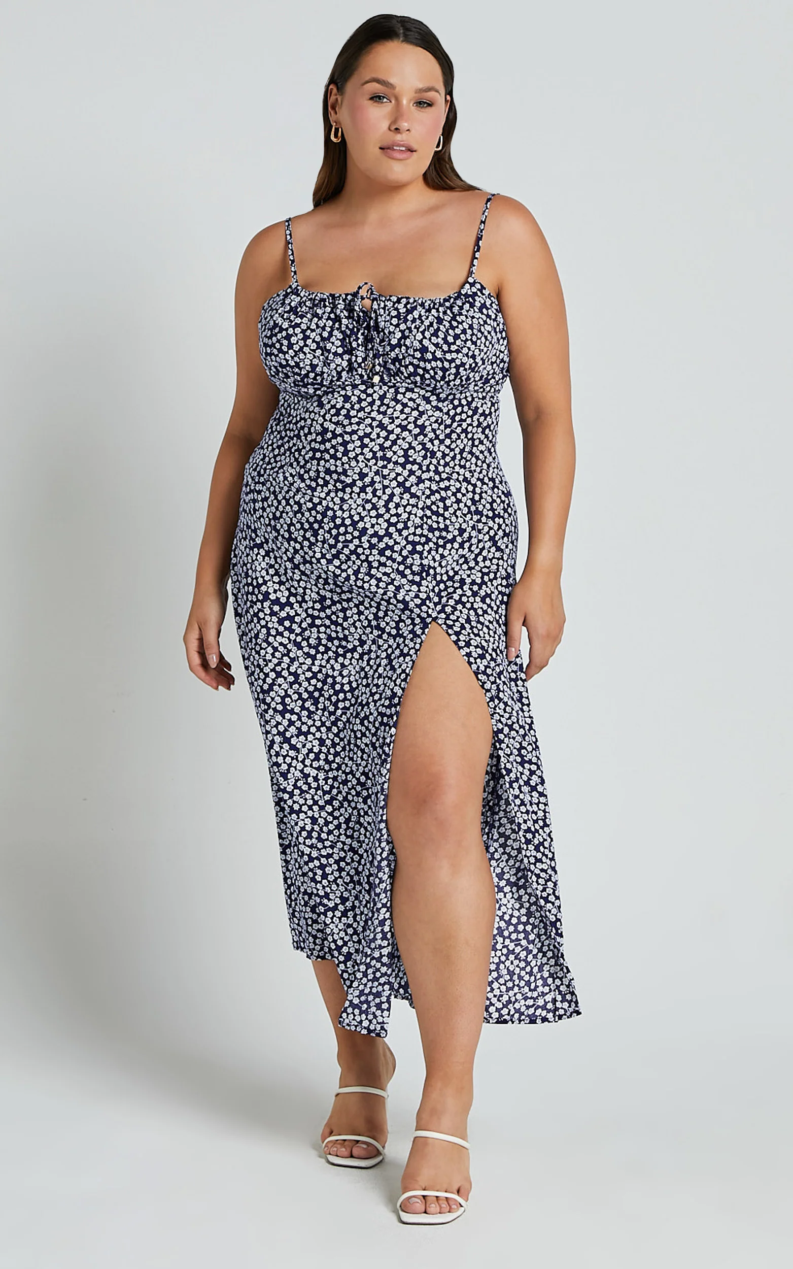 Willa Midi Dress - Ruched Bust Thigh Split Dress in Blue Floral