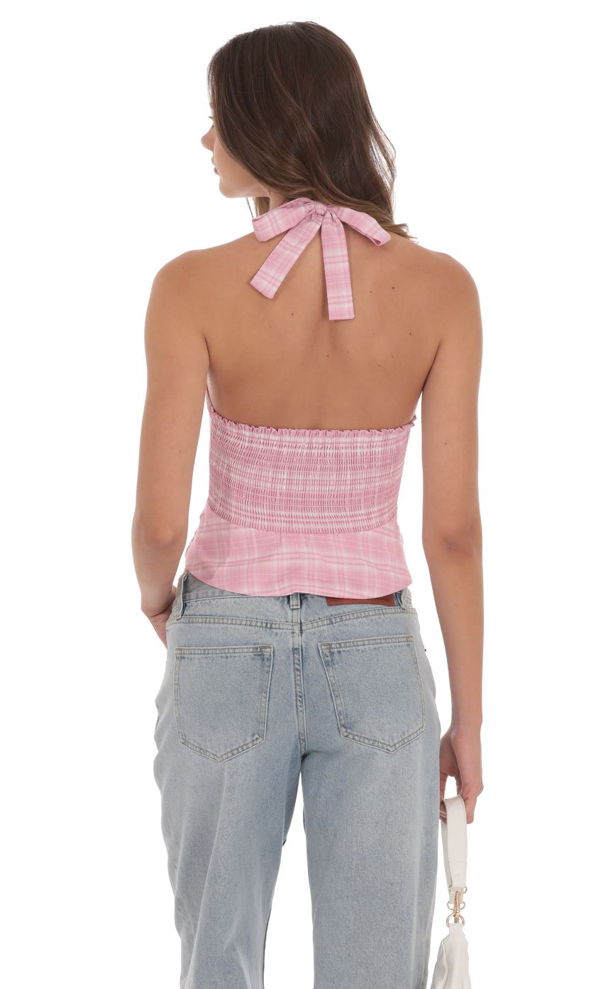 Plaid V-Neck Halter Top in Pink
