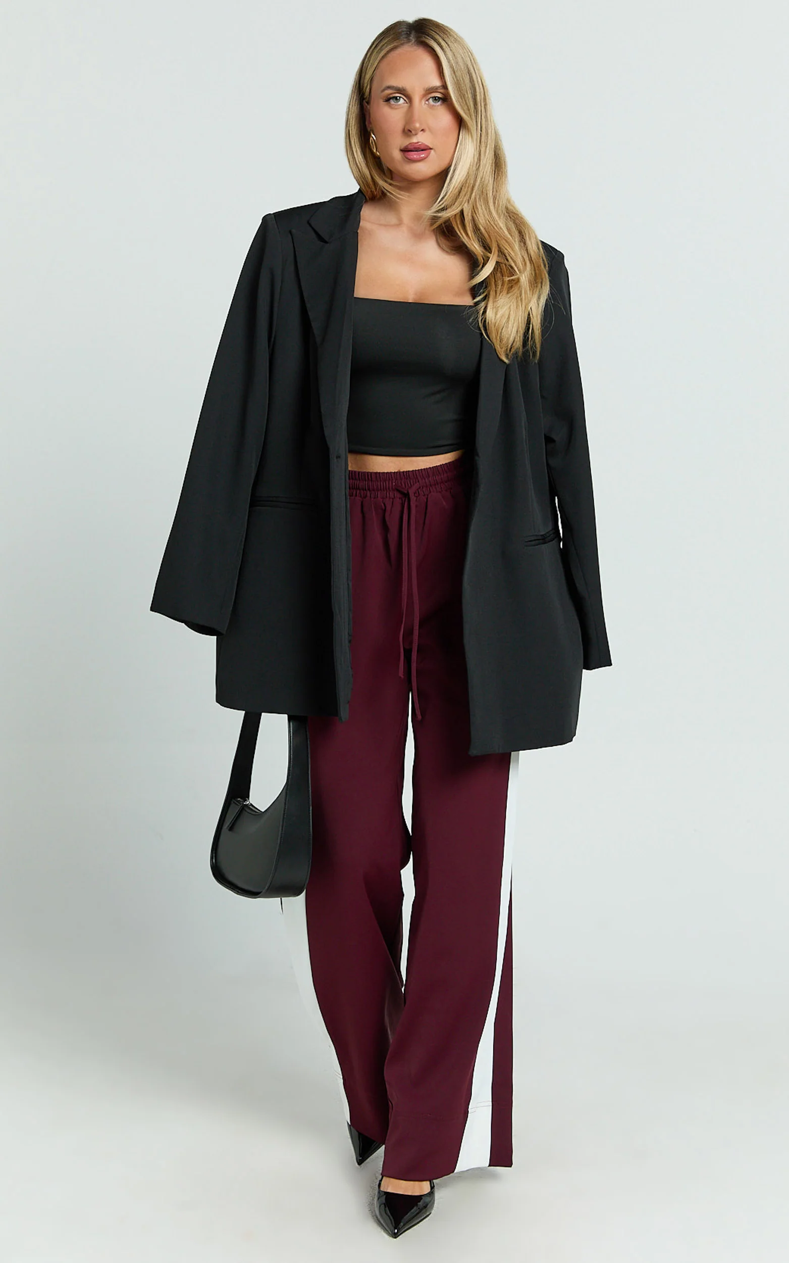 Davi Pants - Drawstring Waist Contrast Panel Tailored Pants in Burgundy