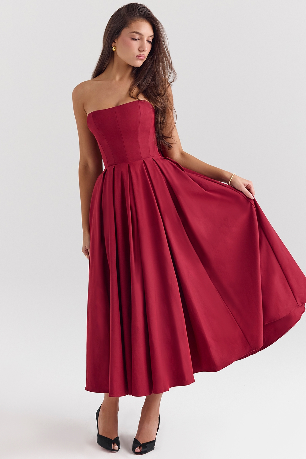 Berry Strapless Detachable Bow Midi Dress