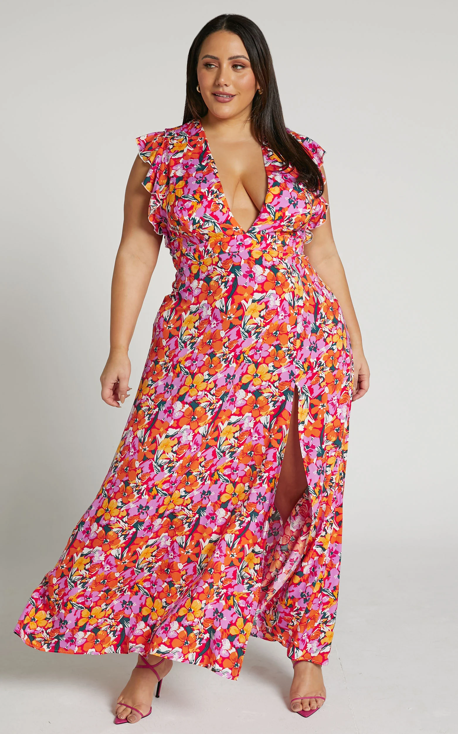Dyliah Maxi Dress - Thigh Split Frill Shoulder Plunge Neck Dress in Spring Floral