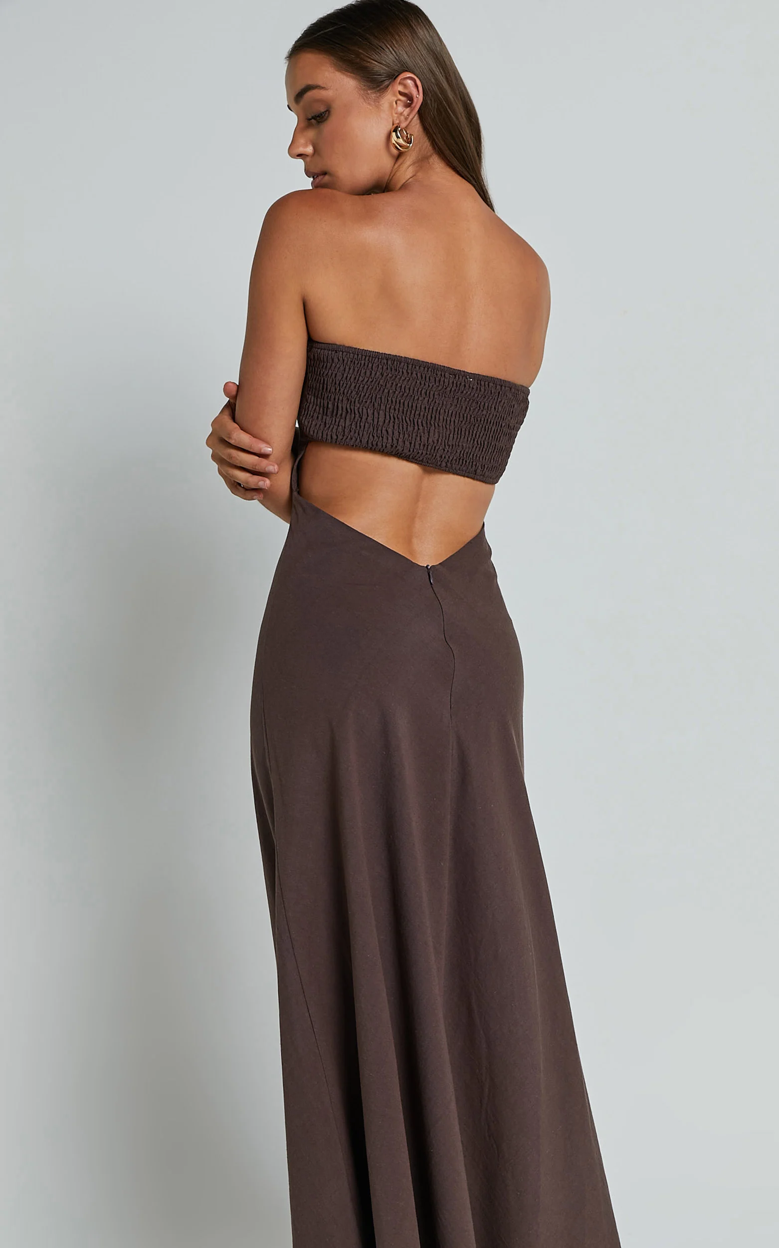 Elerie Maxi Linen Dress - Strapless Linen Dress in Chocolate