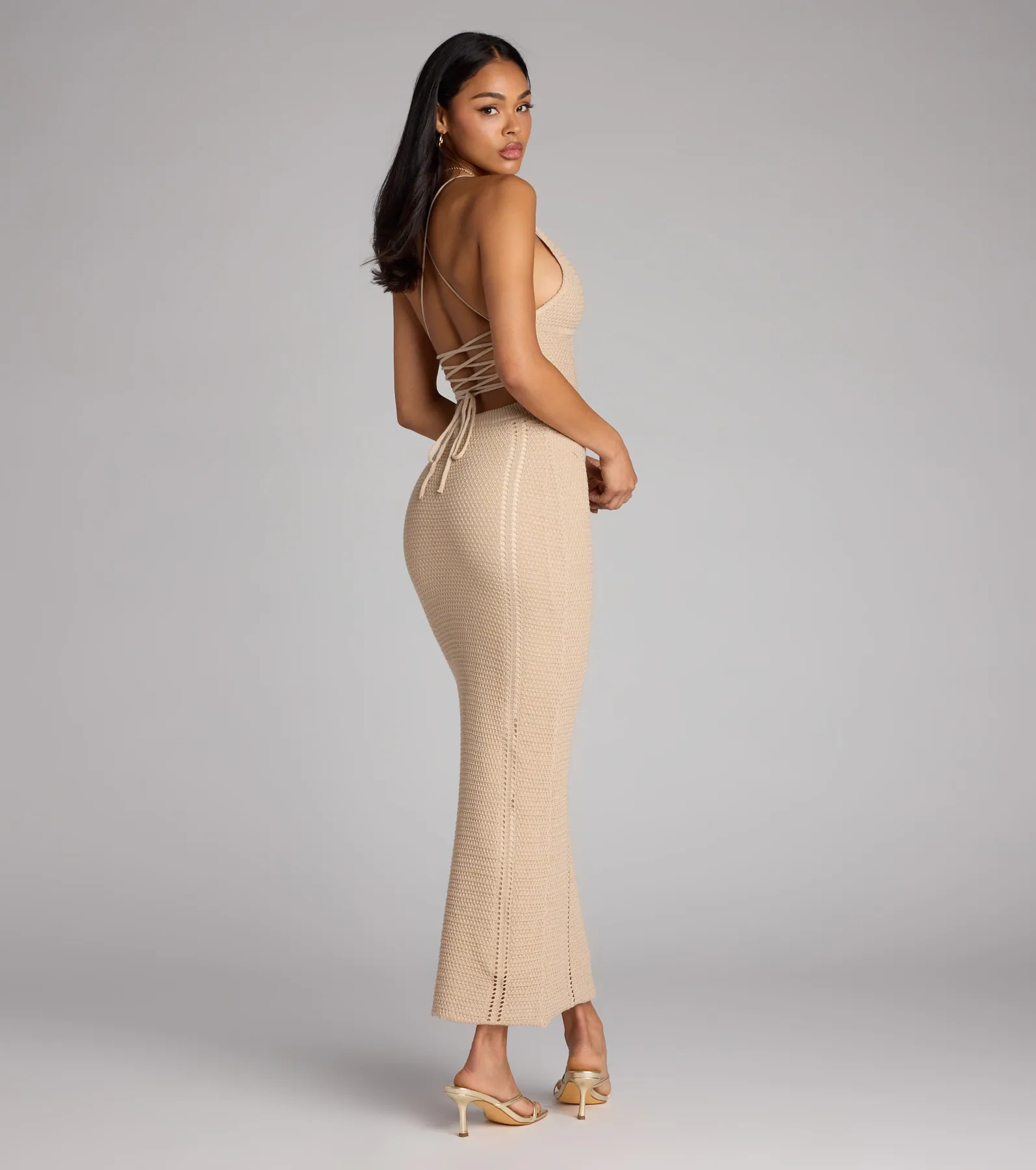 Beach Goddess Crochet Lace-Up Maxi Dress