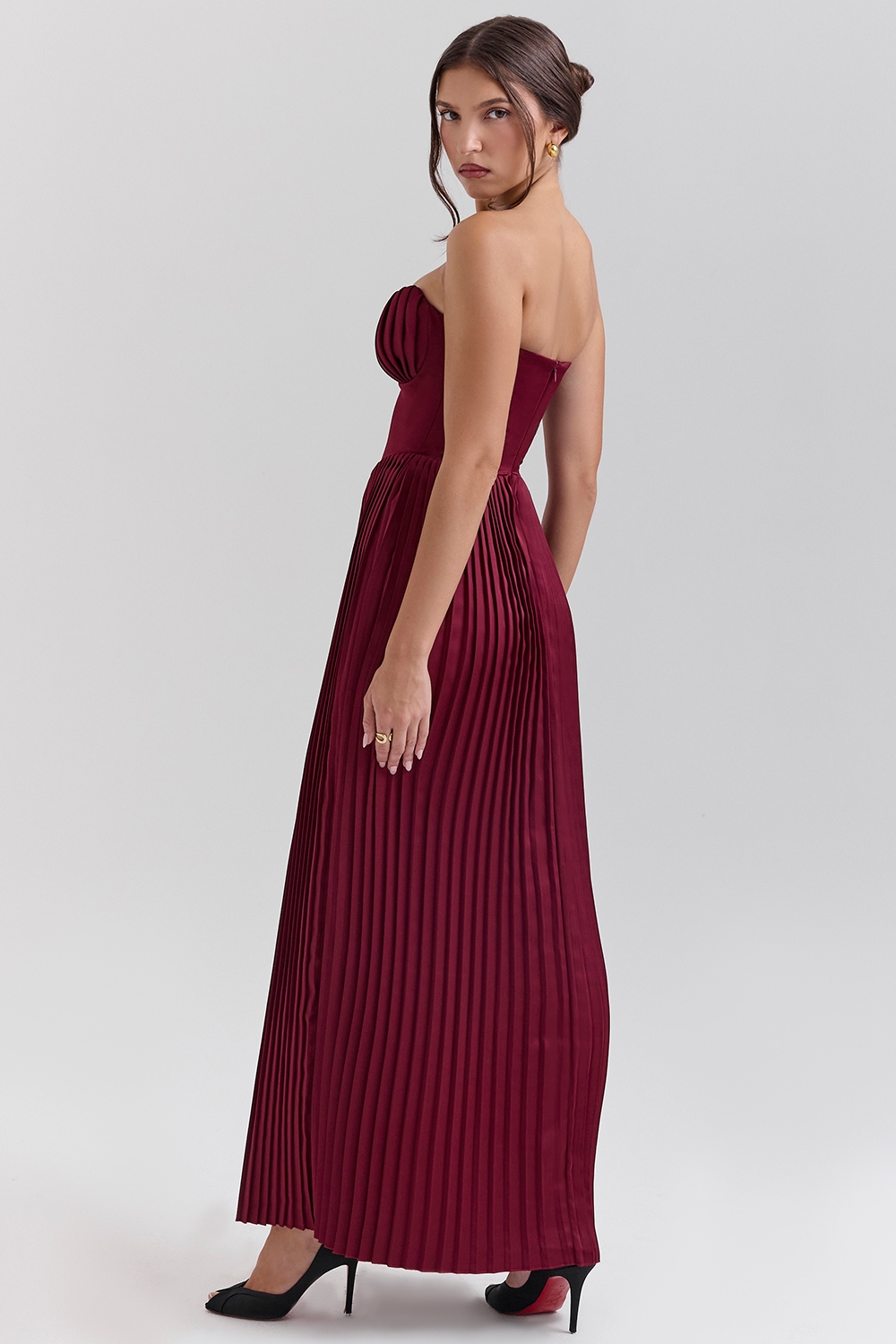 Berry Pleated Georgette Maxi Dress