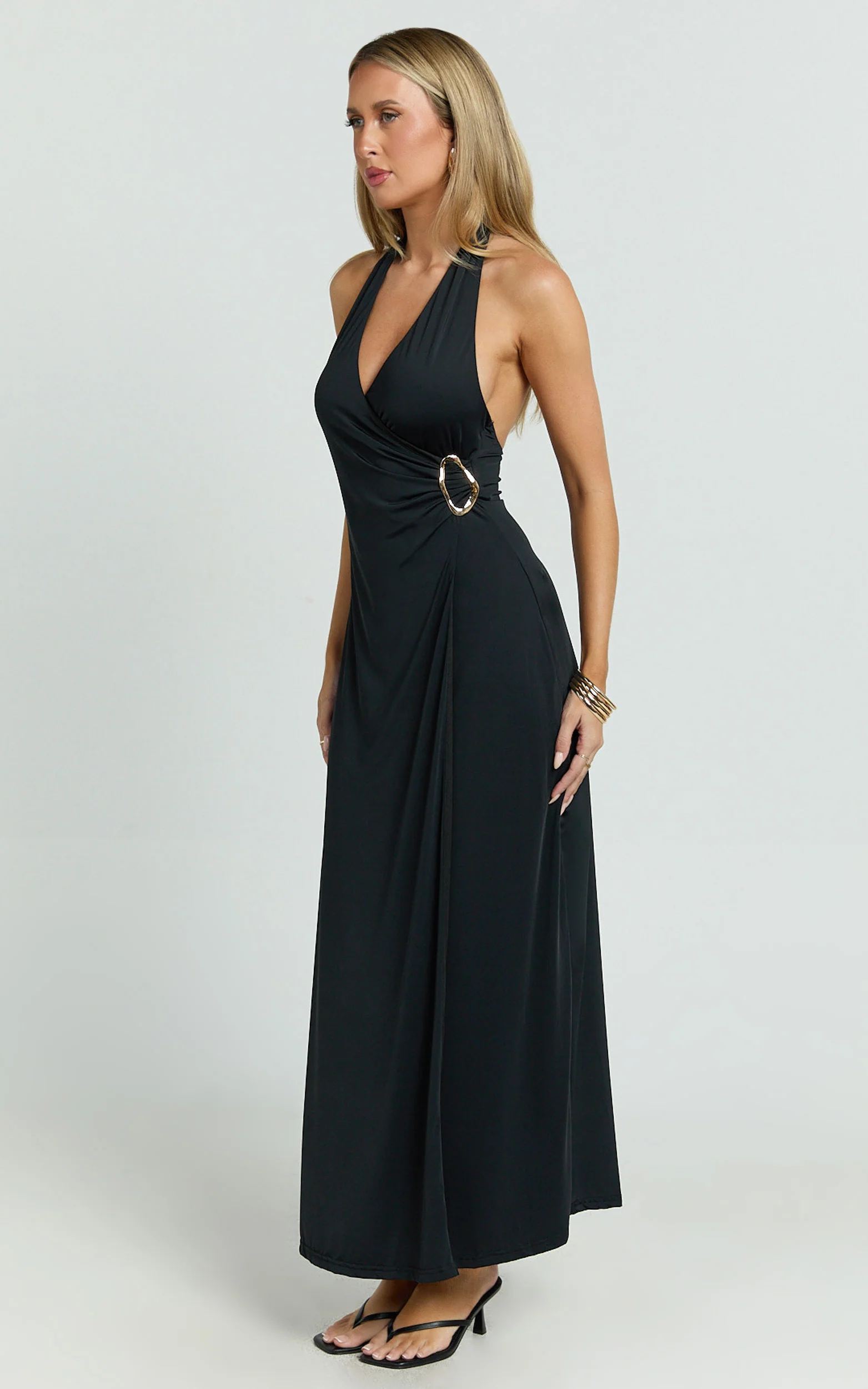 Roseville Maxi - Wrap Front Halter Dress with Hardware Detail in Black