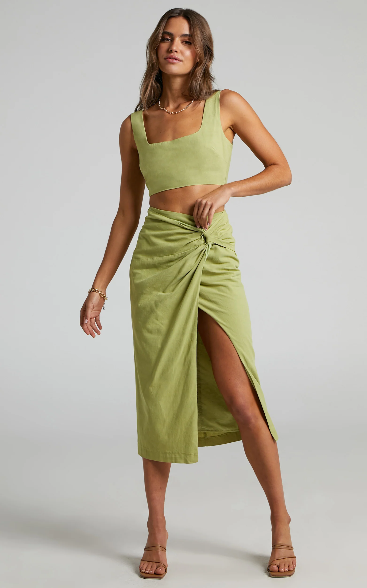 Gibson Two Piece Top and Skirt Set - Linen Crop Top and Knot Front Midi Skirt Set in Celery