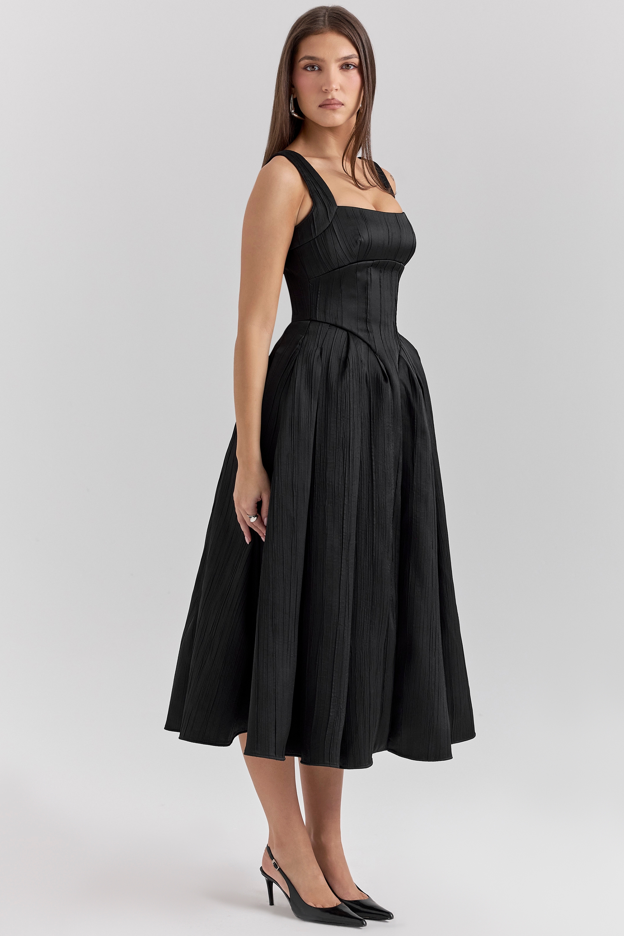 Black Textured Satin Corset Midi Dress
