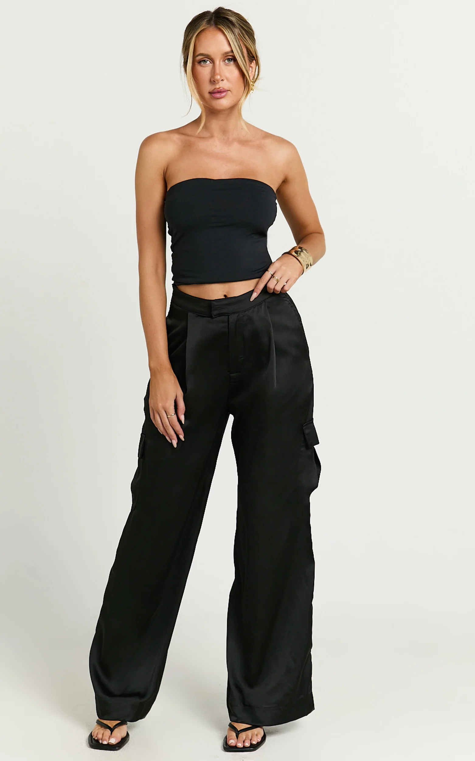 Amie Pants - High Waist Satin Tailored Cargo Pants in Black