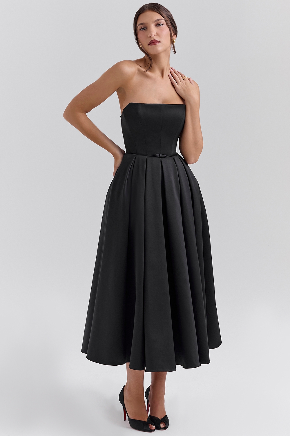 Black Strapless Satin Corset Midi Dress