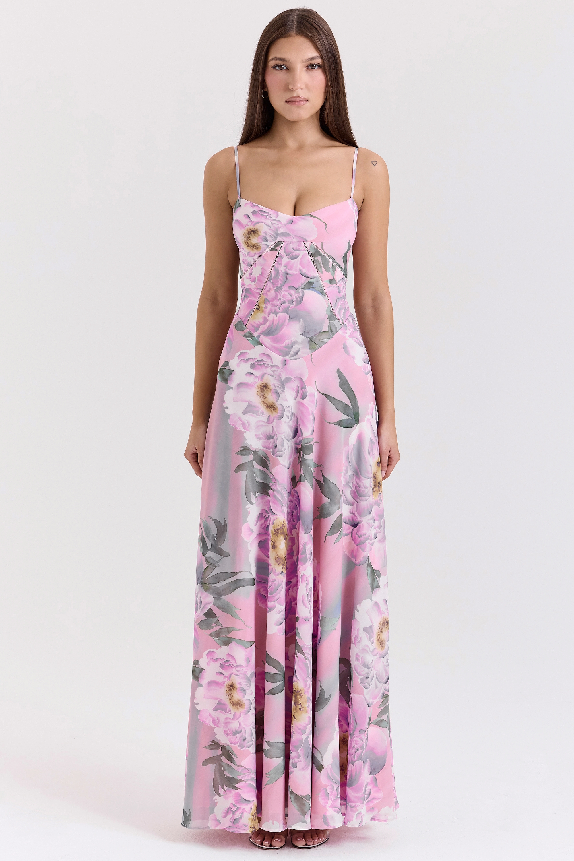 Pink Floral Print Lace Back Maxi Dress
