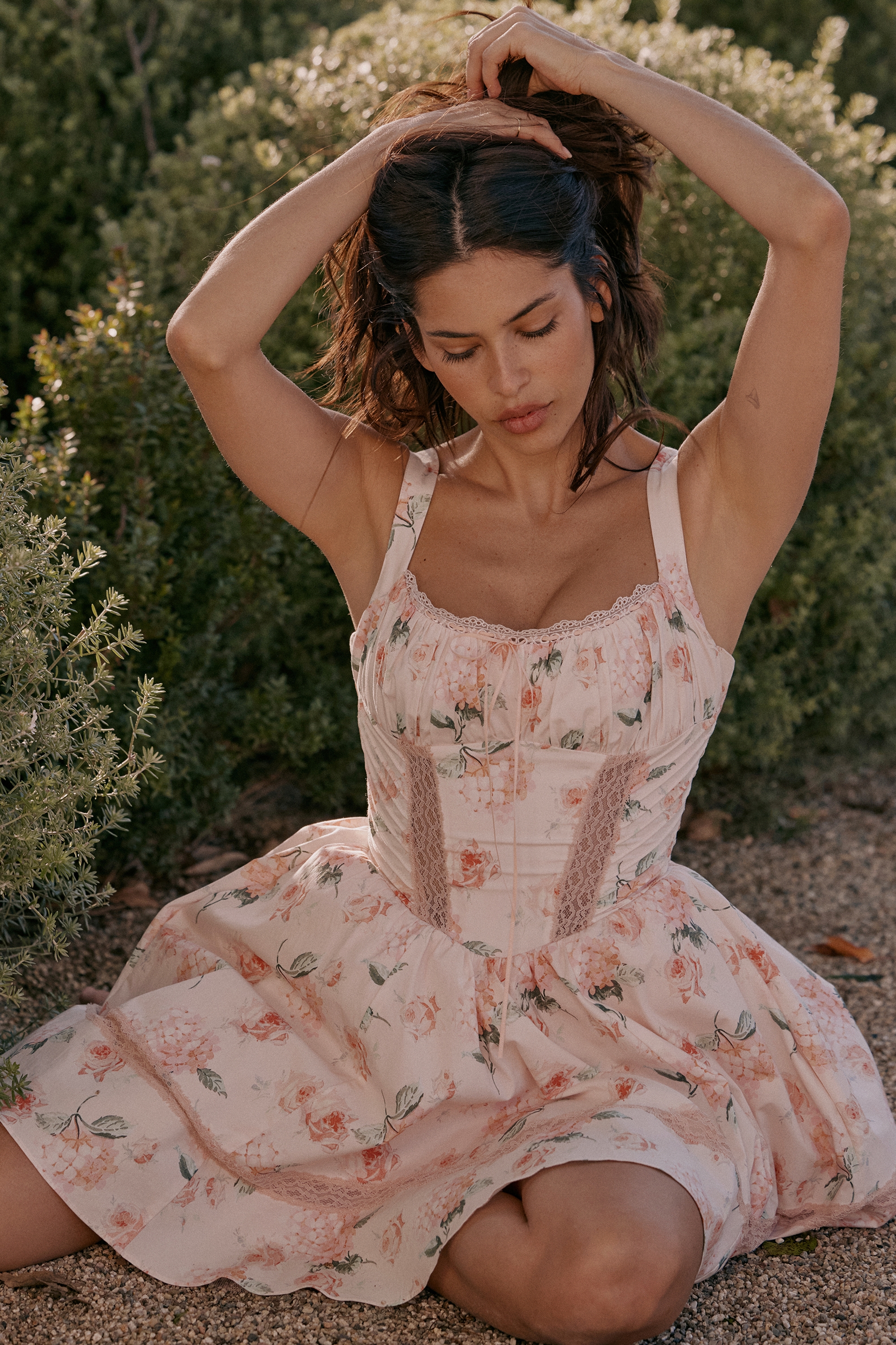 Peach Floral Rose Print Cotton Mini Dress