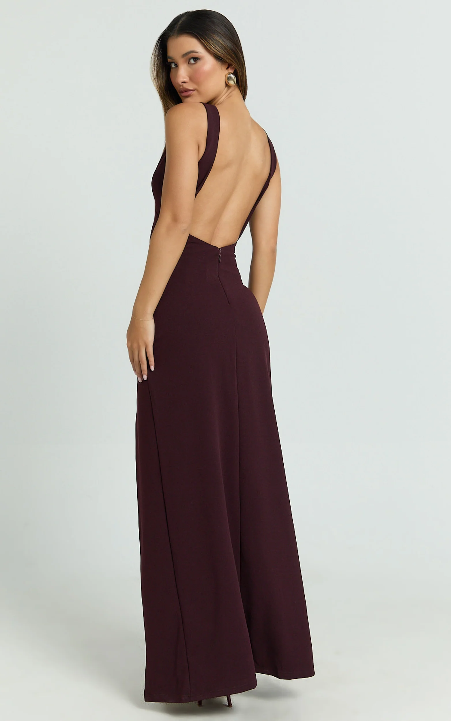 Raya Maxi Dress - Deep V Neck Low Back Bodycon Dress in Wine