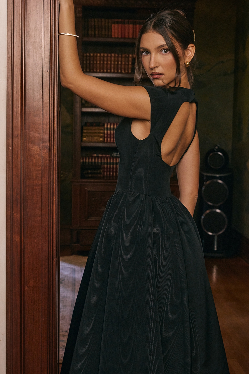 Black Moire Satin Backless Midi Dress