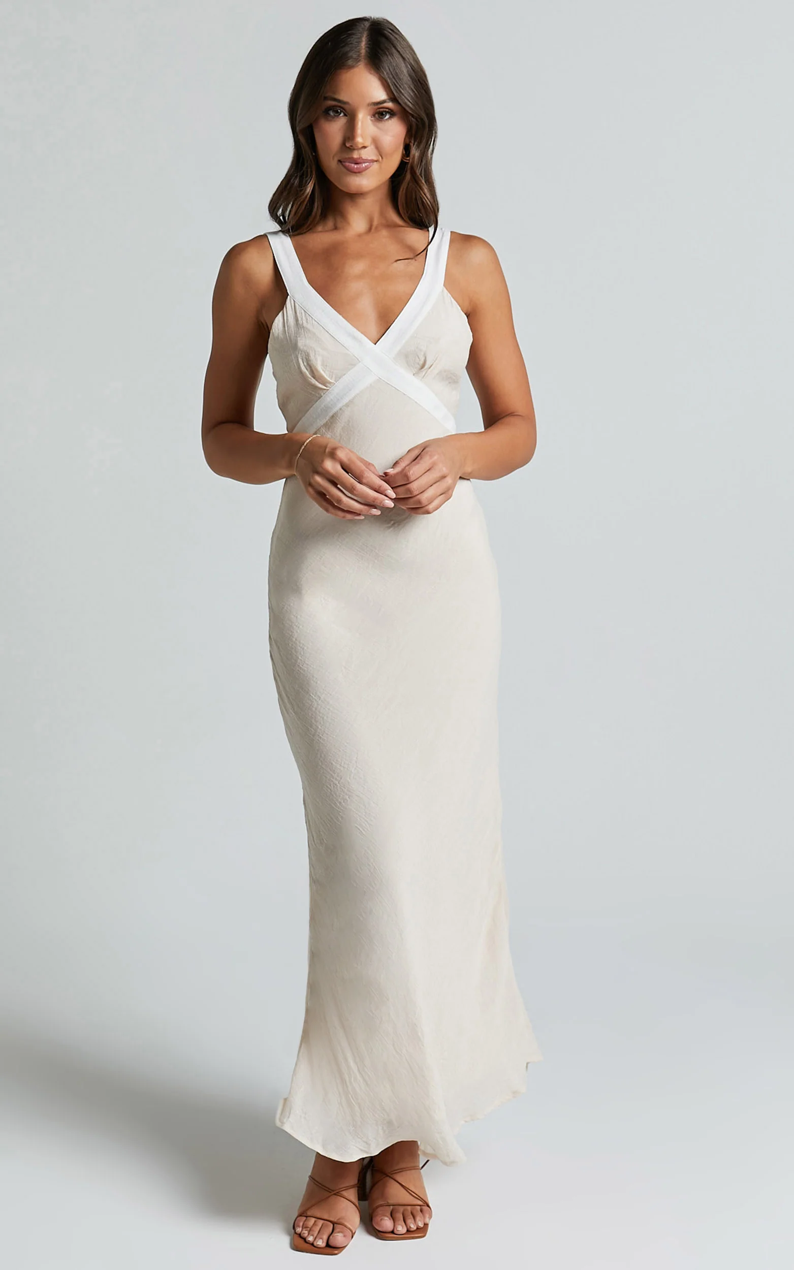 Chakyra Midi Linen Blend Dress - Contrast Strap Bias Cut Column Dress in Beige with White Contrast