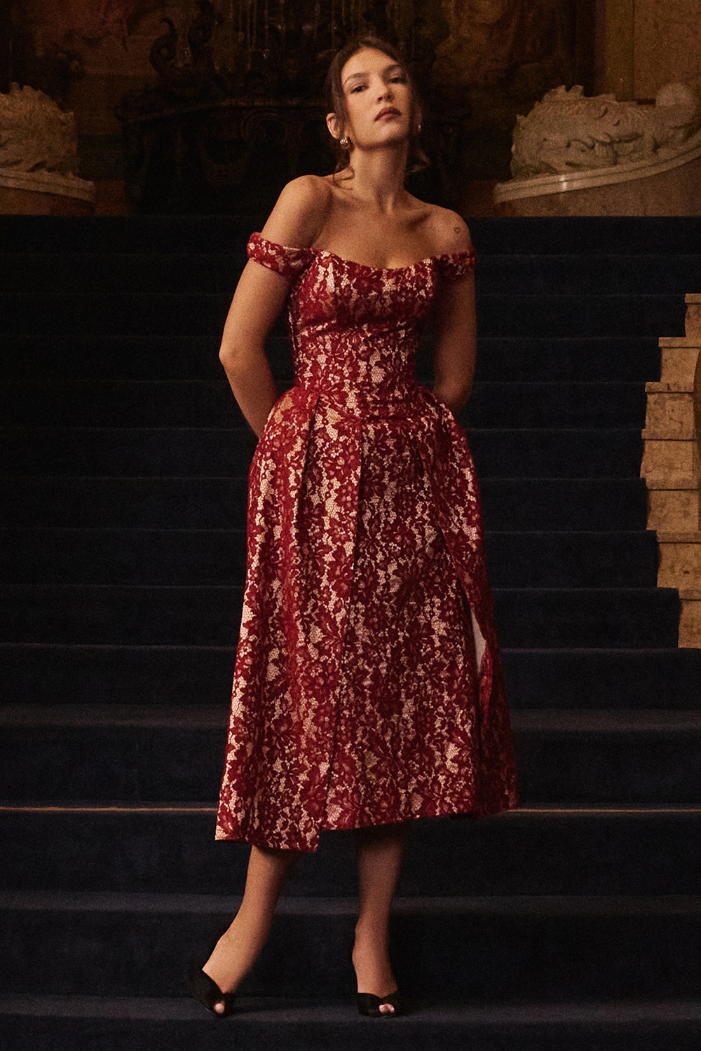 Gold And Berry Lace Midi Off Shoulder Dress