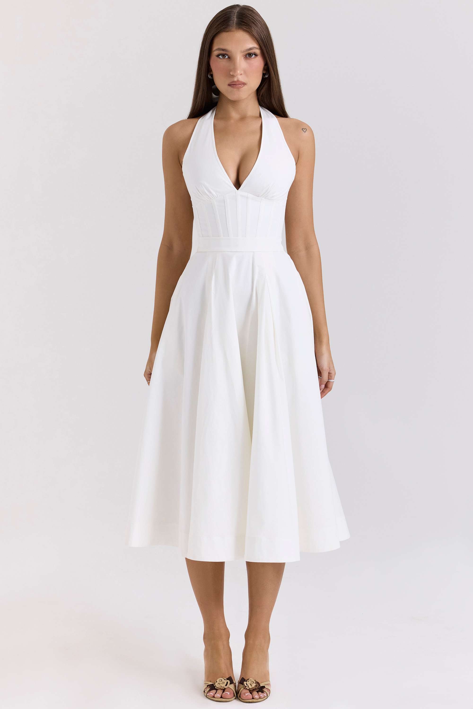 White Stretch Cotton Halter Midi Sundress