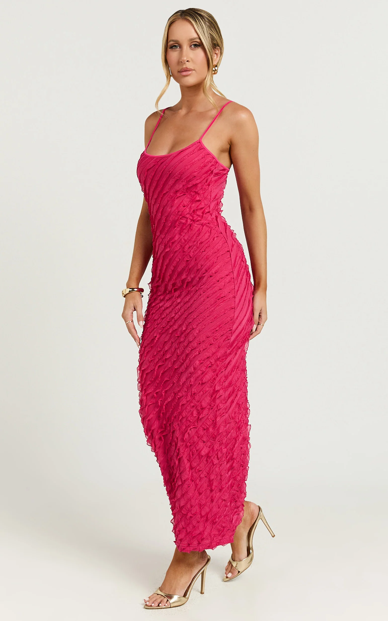 Lilibeth Midi Dress - Strappy Frill Detail Slip Dress in Pink