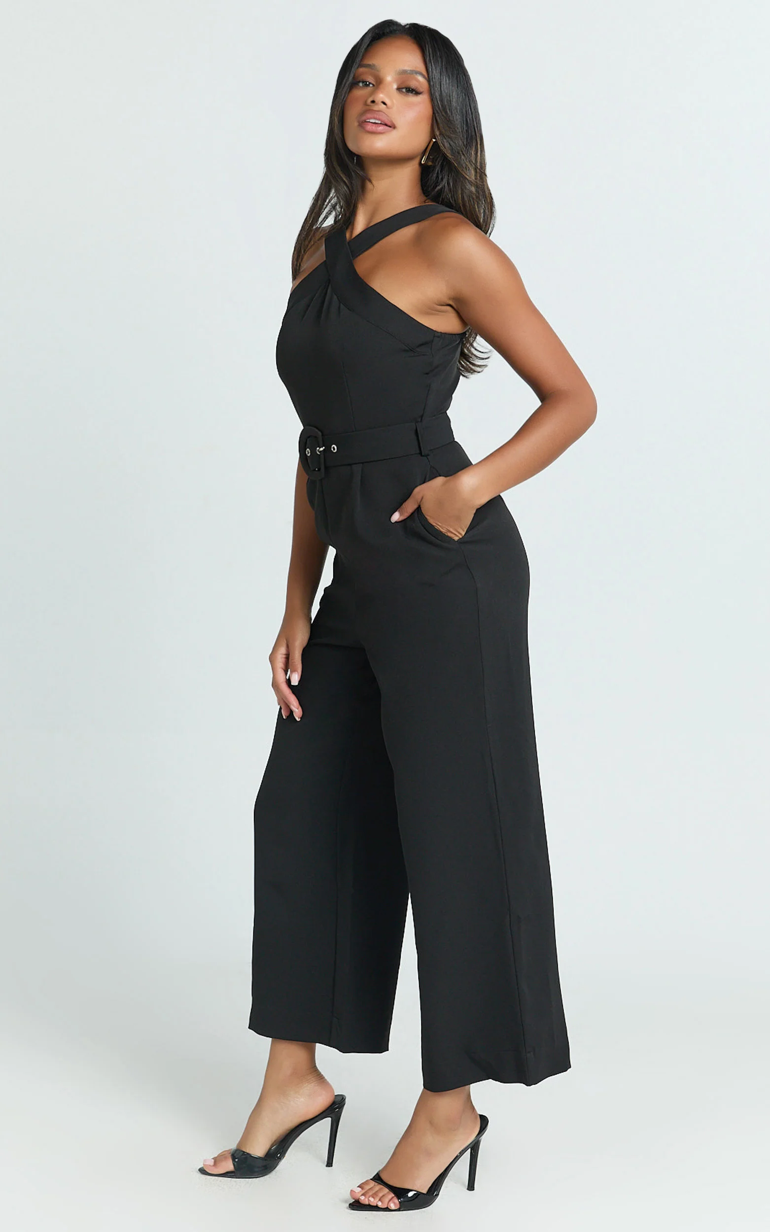 Tracy Jumpsuit - Diamond Neck Belted Straight Leg Jumpsuit in Black