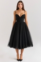 Black Tulle Ruched Bodice Midi Dress