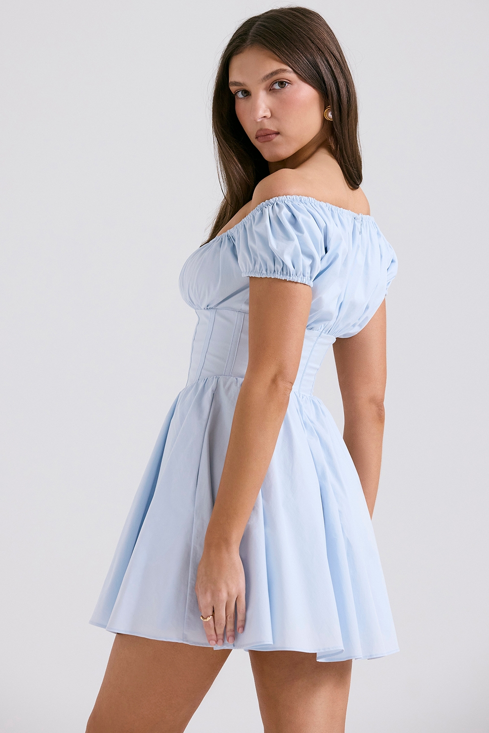 Soft Blue Cotton Gathered Mini Dress