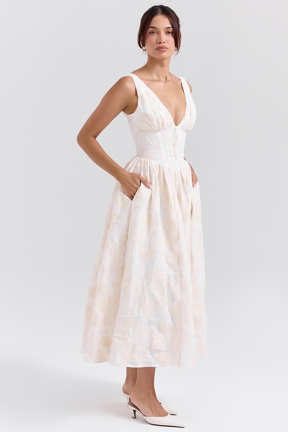 Vintage Ivory Floral Embroidered Corset Sundress