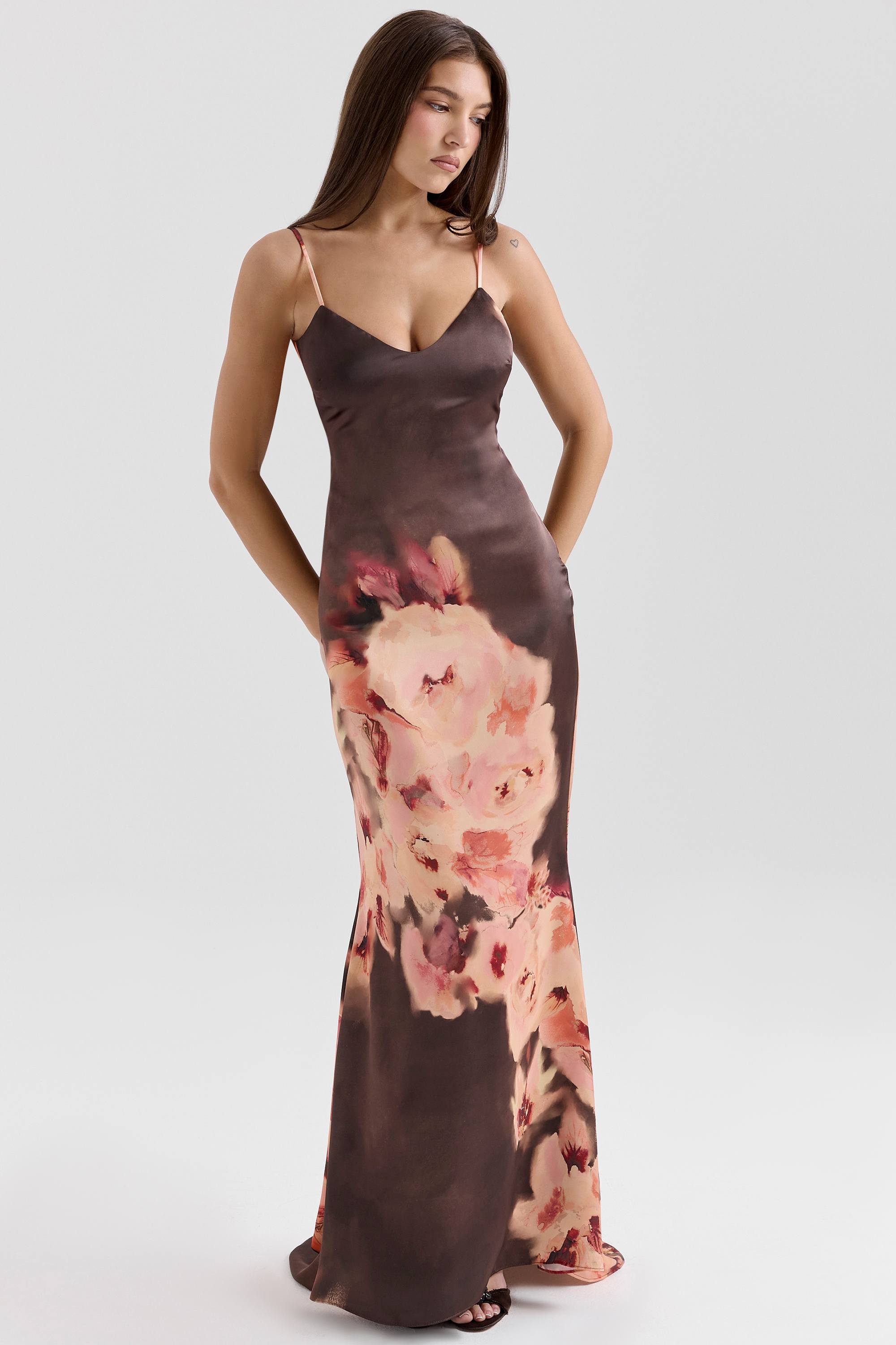 Dark Brown Floral Printed Satin Maxi Dress
