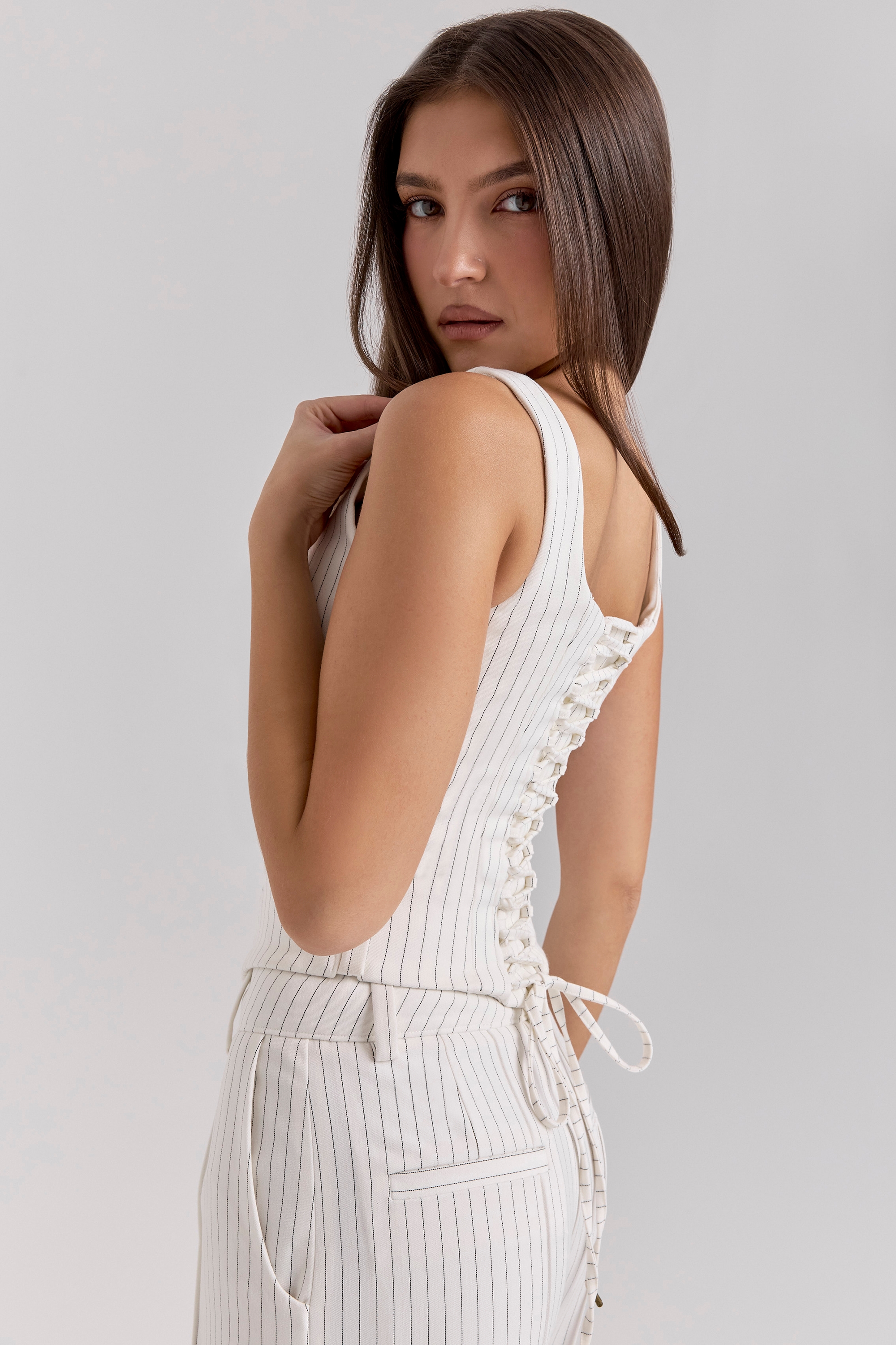 White Pinstripe Boned Corset Top