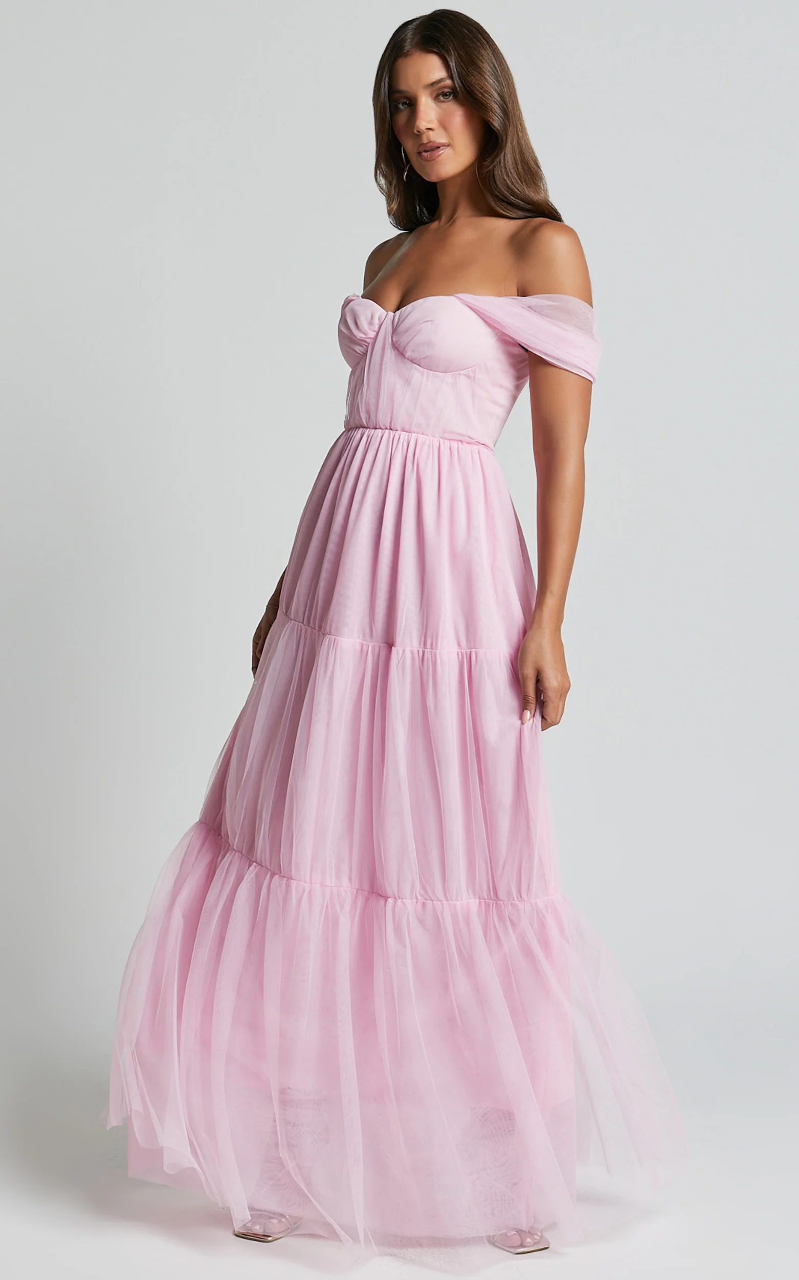 Ontario Maxi Dress - Off Shoulder Corset Bodice Tulle Dress in Ballet Pink