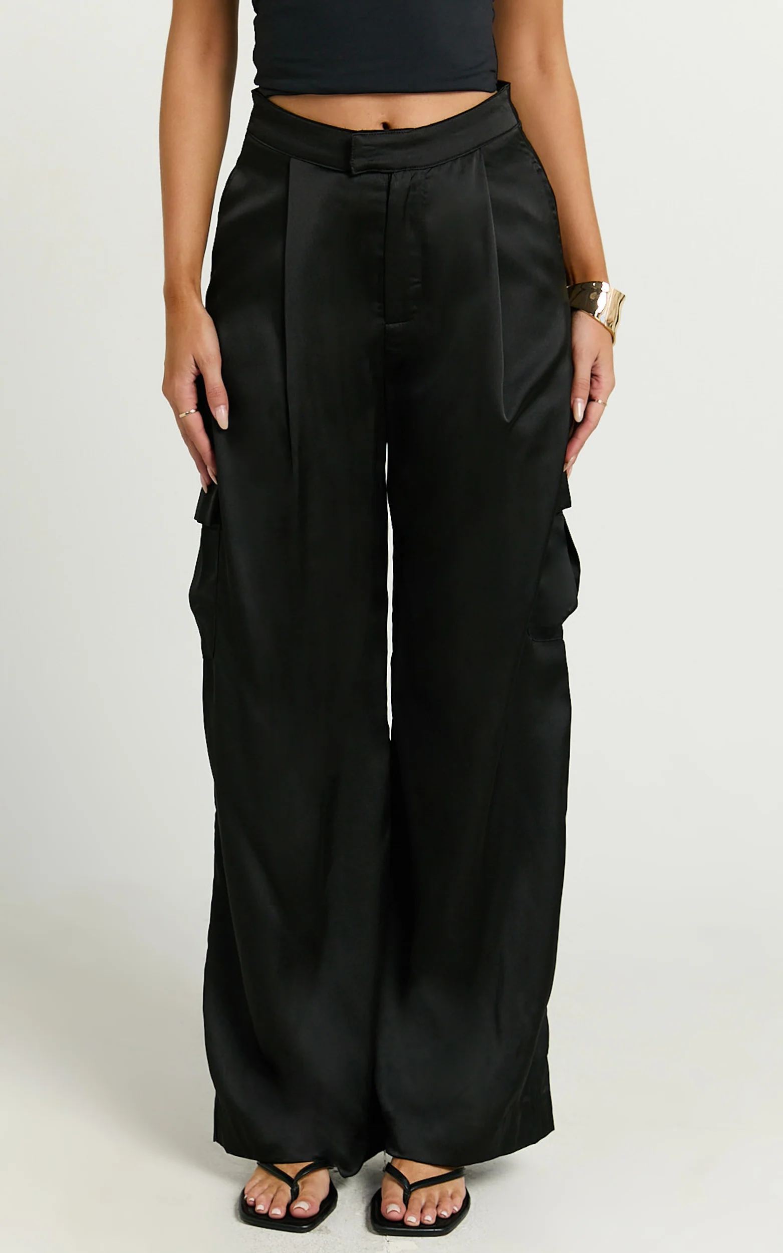 Amie Pants - High Waist Satin Tailored Cargo Pants in Black
